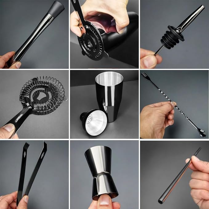 14-Piece Cocktail Shaker Set with Stand, Bartender Kit, 25oz Shakers, Bar Set Cocktail Shaker Set, Jigger for Bartending Kit, Drink Mixer Set, Cocktail Set Recipes Booklet Home, Bar, Party (Black)