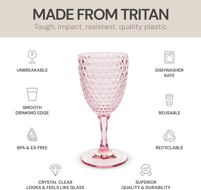 BELLAFORTE - Shatterproof Tritan Plastic Wine Glass, 12oz, set of 4, Laguna Beach Drinking Glasses - Unbreakable Glassware for Indoor and Outdoor Use - Reusable Drinkware (Pink)