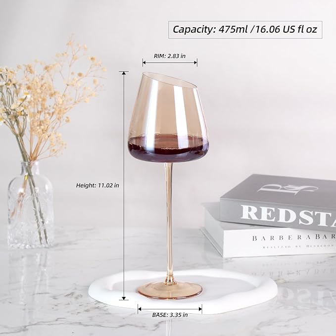KAMMAK Wine Glasses Set of 2, 16.06 oz Hand Blown Crystal Bordeaux Wine Glasses, Thin Rim & Long Stem, Perfect for Red & White, Daily Use, Wedding or Birthday Gift with Gift Box, XH-H280 Amber