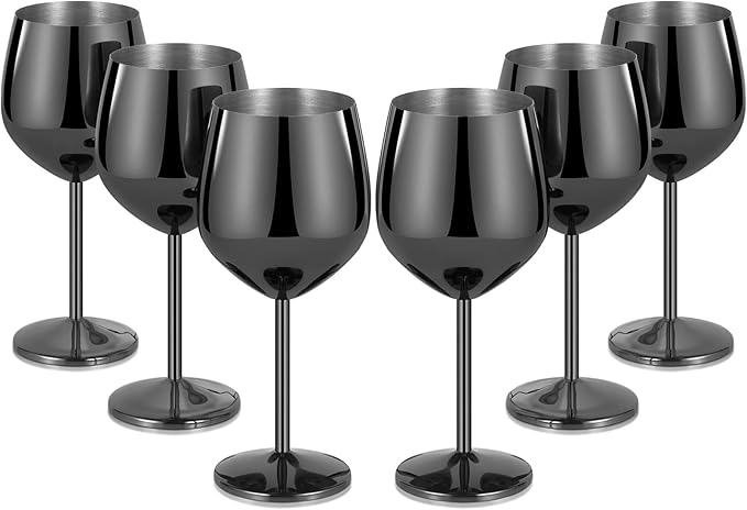 Lifecapido Stainless Steel Wine Glasses Set of 6, 18oz Stainless Steel Metal Wine Glasses, Black Wine Glasses with Cup Brush for Party Office Wedding Anniversary, Great for Red White Wine, Black
