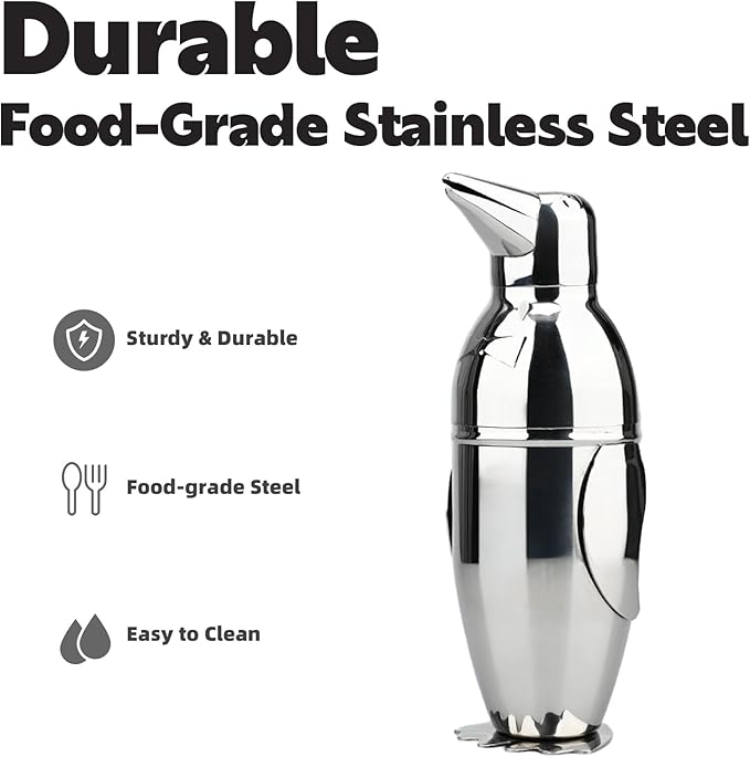 Penguin Cocktail Shaker, Bartender Shakers 17oz with Built-In Strainer, Unique Design Stainless Steel Martini Shaker Professional Bar Mixology Tool, Sliver Drink Mixer Bartending Essential