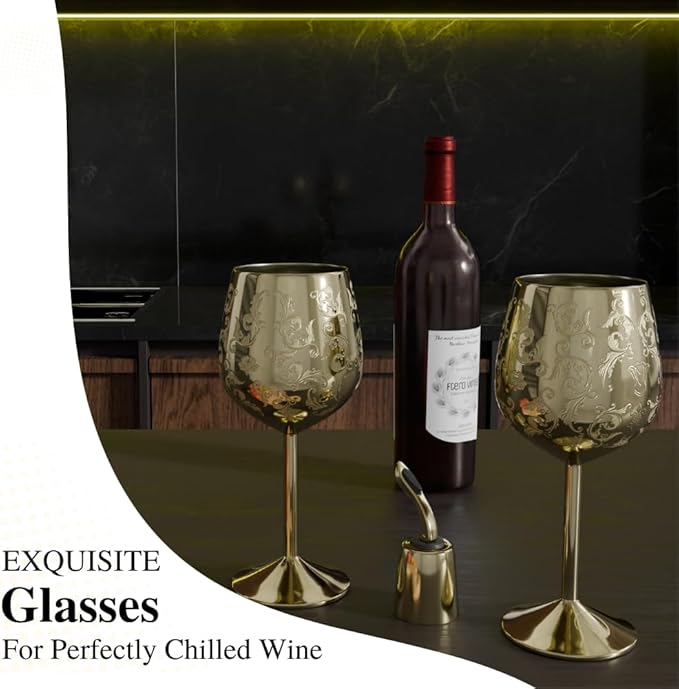 Mother’s Day Gift for Mom – Set of 2 Gold Stainless Steel Wine Glasses, 17oz Engraved Goblets with Bottle Stopper, Unbreakable Elegant Wine Cups, Gift for Women, Wife, Mom, Sister