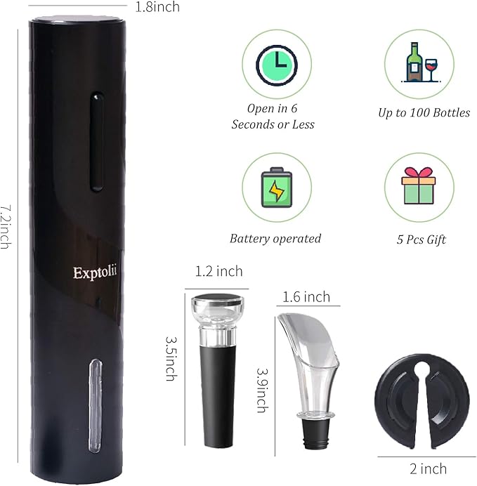 Exptolii Electric Wine Opener, Automatic Bottle Corkscrew with Foil Cutter, Vacuum Stopper and Wine Aerator Pourer