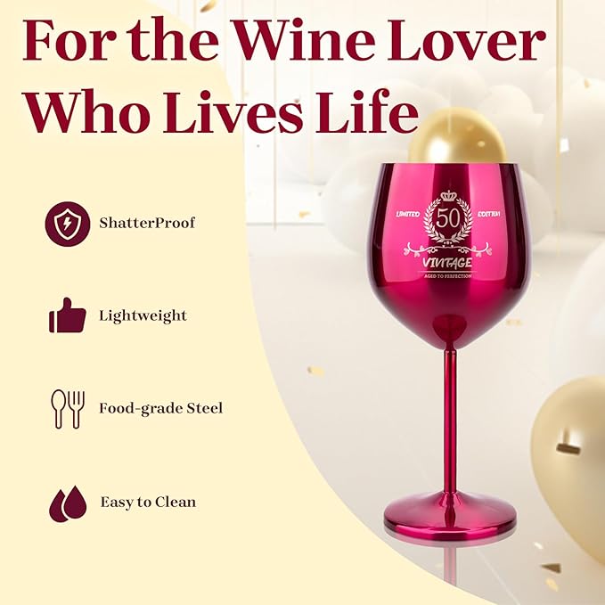 50th Birthday Gifts Wine Glass for Her Women, Stainless Steel Metal Unbreakable Decoration Glasses Rose Red Cup 17oz with Vintage Print-Unique 50 Year Old Present for Mom Wife Sister Friend