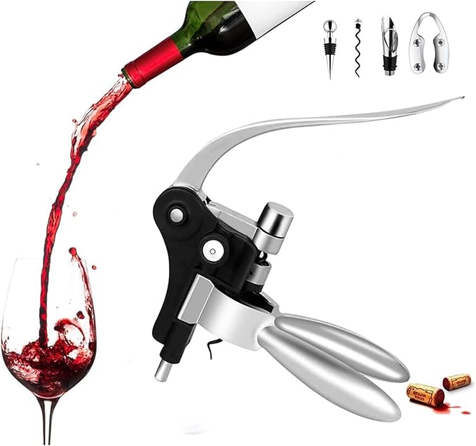 Black Leather 5-Piece Wine Tool Gift Set (includes bottle opener, corkscrew, bottle stopper, drip collar, decanting pourer, foil cutter in velvet lined gift box)
