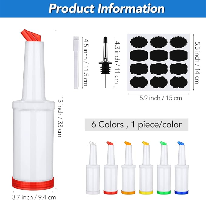 Ruisita 6 Pack Bar Juice Pour Bottles Plastic Bar Pour Bottles with Stainless Steel Bottle Pourer Tapered Spout Fruit Juice and Liquor Containers for Bar Supplies (34 Ounces, Multicolor)