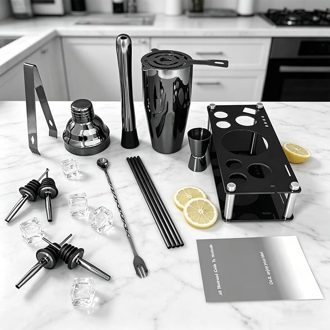 14-Piece Cocktail Shaker Set with Stand, Bartender Kit, 25oz Shakers, Bar Set Cocktail Shaker Set, Jigger for Bartending Kit, Drink Mixer Set, Cocktail Set Recipes Booklet Home, Bar, Party (Black)
