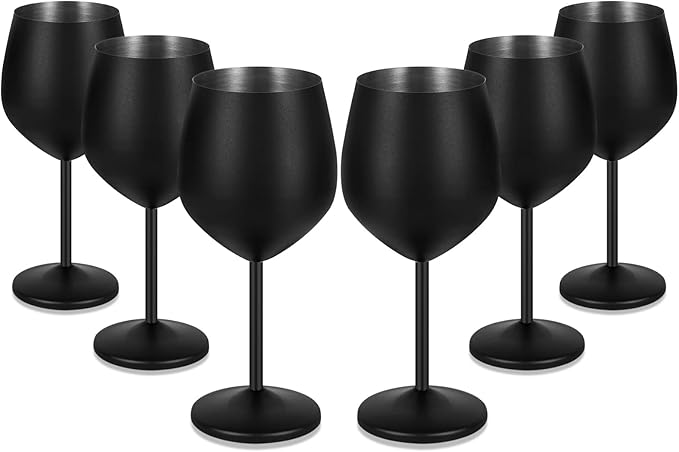 Lifecapido Stainless Steel Wine Glasses Set of 6, 18oz Stainless Steel Metal Wine Glasses, Black Wine Glasses with Cup Brush for Party Office Wedding Anniversary, Great for Red White Wine (Black)