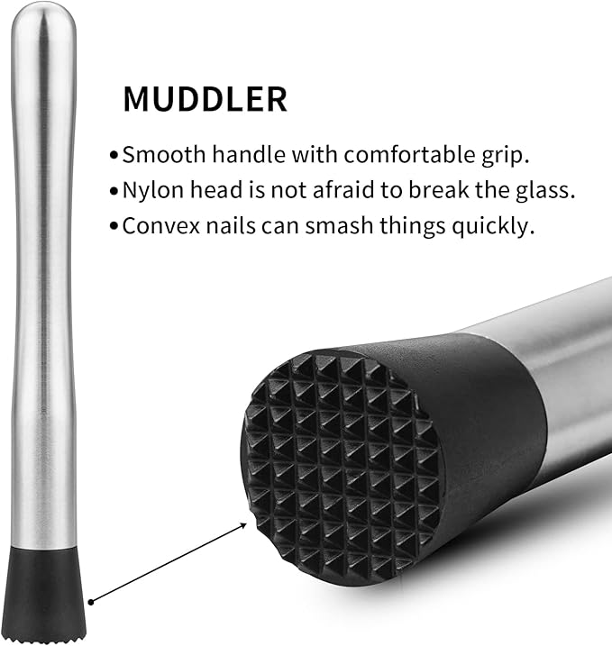 tifanso Muddler for Cocktails, 10" Muddler and Long Handle Bar Cocktail Mixing Spoon, Stainless Steel Stirrer, Bar Accessories Tools for Mojitos Fruit Drinks