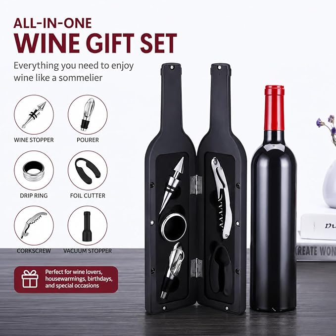 Luxury Wine Accessory & Gift Set - Corkscrew, Stopper, Pourer, and Games! (Wine Opener - Black and Red Glossy Bottle Case)