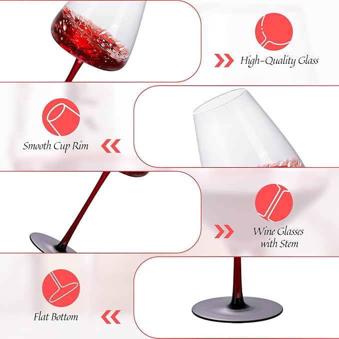 KAMMAK Wine Glasses Set of 2, 16.06 oz Hand Blown Crystal Bordeaux Wine Glasses, Thin Rim & Long Stem, Perfect for Red & White, Daily Use, Wedding or Birthday Gift with Gift Box, XH-H245 Black Base