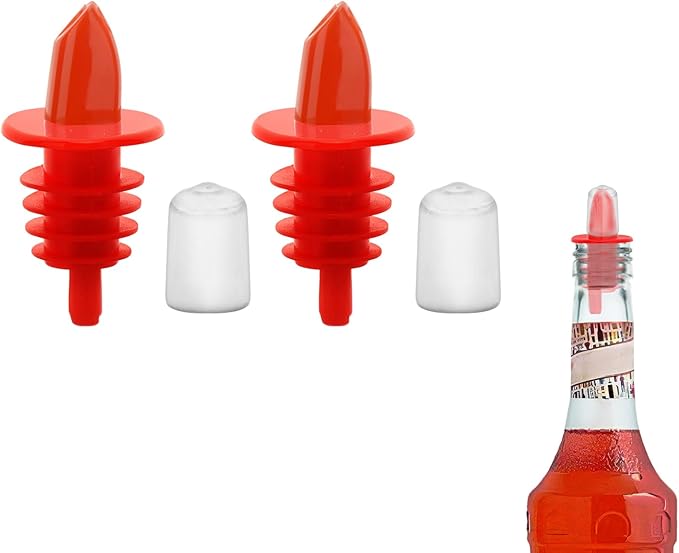 2 PCS Bottle Pourers And 2 PCS rubber pourers dust cap covers Syrup Pourer Pour Spouts Plastic Liquor Bottle Pourers with Rubber Pourers Dust Cap Covers Bottle Pourers (Red)