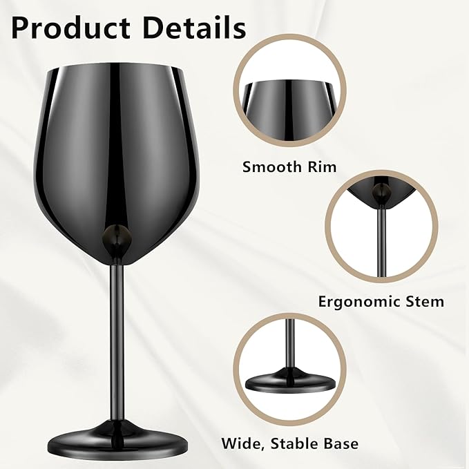 Stainless Steel Wine Glasses Set of 4 Unbreakable Wine Glass 18 oz Unique Metal Wine Goblets for Outdoor, Travel, Camping, Pool, Ideal Gift for Wine Lovers (Mirror-Black)
