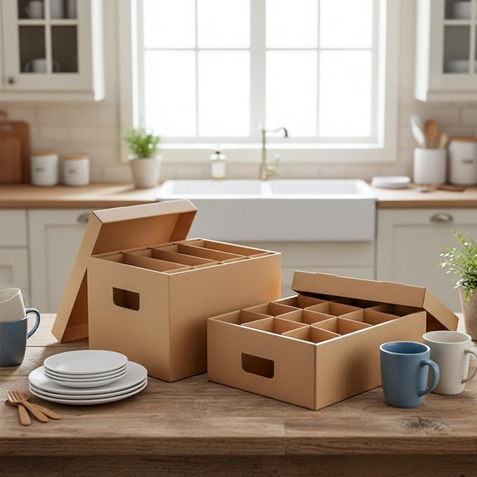 MotiMind 4 Pack Dish Mug Moving Boxes with Divider Kits Included 2 Dish Glass 15 x 12 x 10 Inch and 2 Mug 17 x 13 x 6 Inch Kitchen Moving Boxes with Handle Packing Box for Glassware