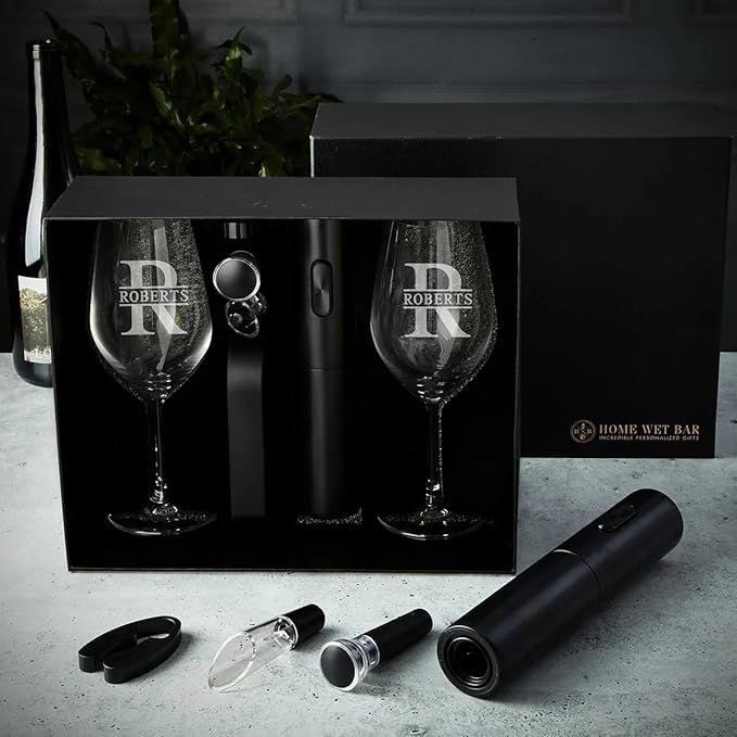 Custom Wine Glasses Set - 6pc Engraved Wine Glasses with Electric Opener, Wine Accessories, and Luxury Box