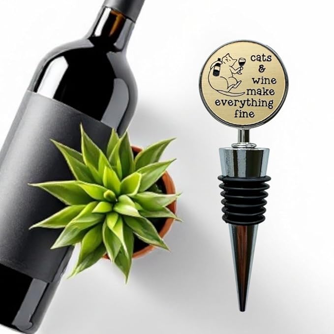 Jazzy Jade Designs Cat Wine Stopper – “Cats & Wine Make Everything Fine!” – Laser Engraved Zinc Alloy & 100% Food-Grade Rubber – Cute Cat Lover Wine Gift, Made in USA