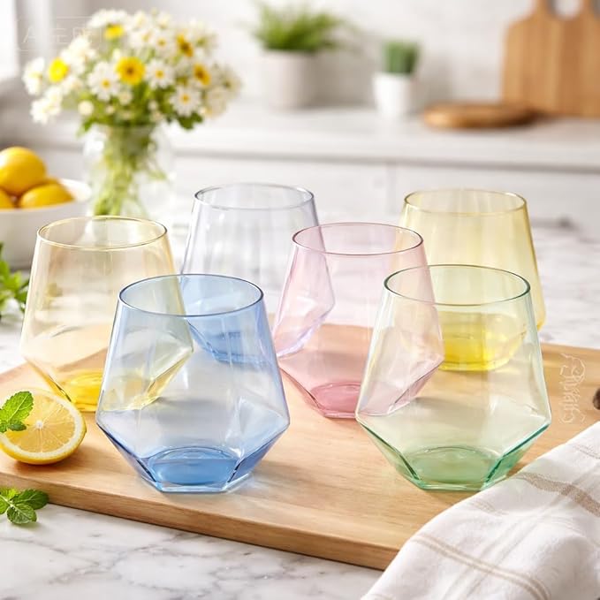 Oojami 40 Pack Diamond Plastic Wine Glasses 12oz Stemless Disposable Wine Cups - Shatterproof Unbreakable Reusable Recyclable BPA-Free Champagne Cocktail Whiskey for Parties, Weddings, Birthday