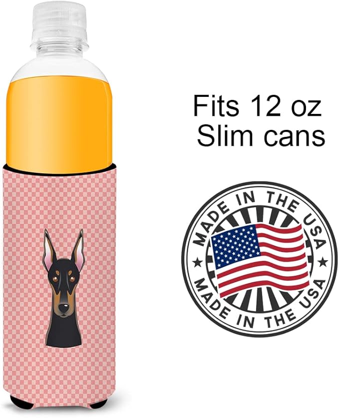 Checkerboard Pink Doberman Ultra Beverage Insulators for slim cans BB1245MUK