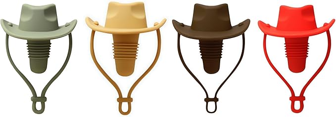 Silicone Wine Stoppers, Cowboy Hat Wine Bottle Stopper Sealer, Keeps Fresh for 15 Days, Home Decoration and Winer's Gifts (4, Coffee+Red+Light Brown+Green)