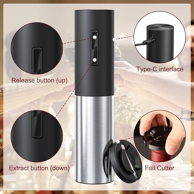 Electric Wine Opener Rechargeable, Automatic Wine Bottle Openers with Foil Cutter and USB Cable, Gift Wine Corkscrew for Home Kitchen Party Bar - Stainless Steel, One-click Button