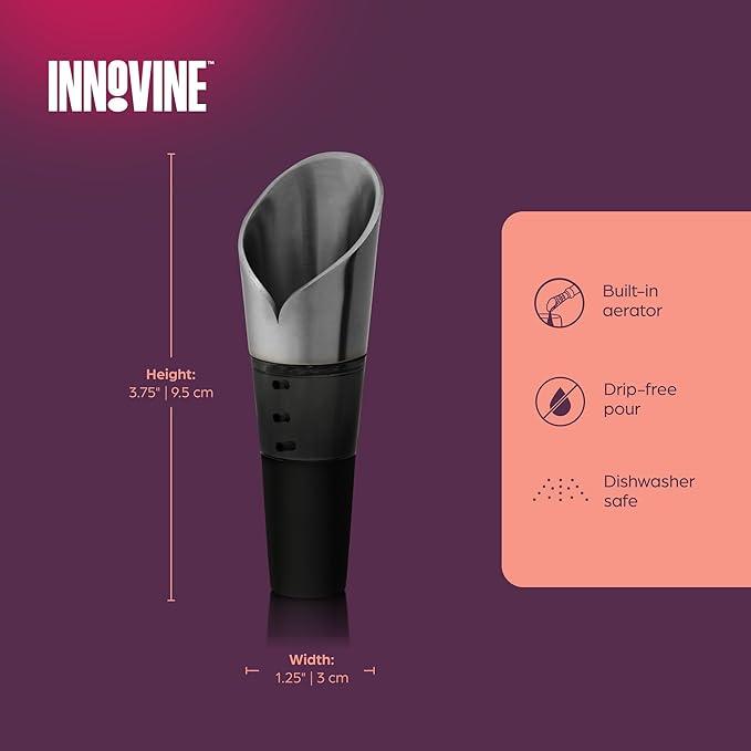 Innovine Aerating Pour Spout, Compact Wine Aerator with Air-Blending Helix and Drip-Free Rubber Stopper, Home Bar Accessories, Kitchen Essentials, 3.75-Inch, Set of 1