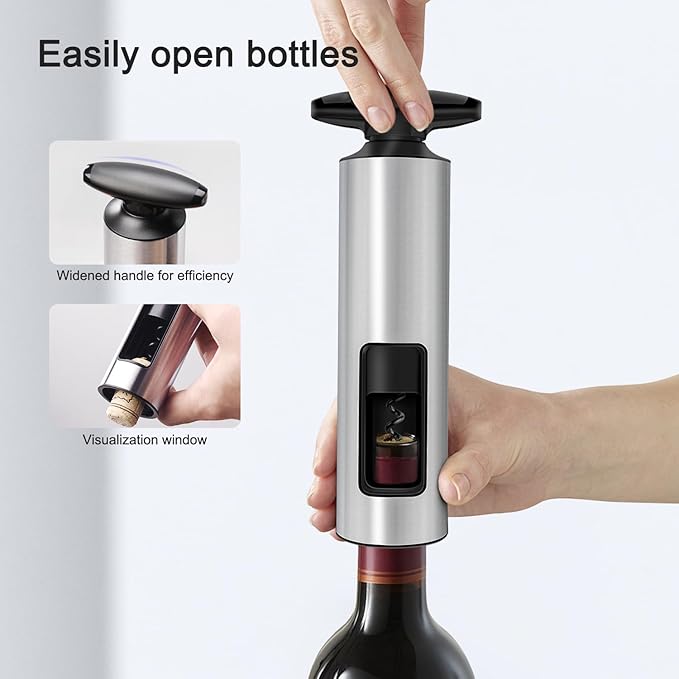 Effort-Saving Wine Opener Set by ELMWAY, Sleek Self-Pull Manual Corkscrew with Foil Cutter, Vacuum Stopper & Wine Aerator Pourer, Stainless Steel Body, Easy to Use for Home & Parties - Silver