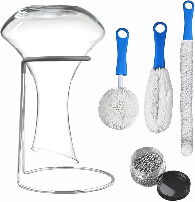 Wine Decanter Drying Stand with Cleaning Brush and Decanter Cleaning Beads,Wine Decanter Drying Rack with Rubber Coated Top to Prevent Scratches.Decanter Cleaner for Standard Large Wine Decanters.