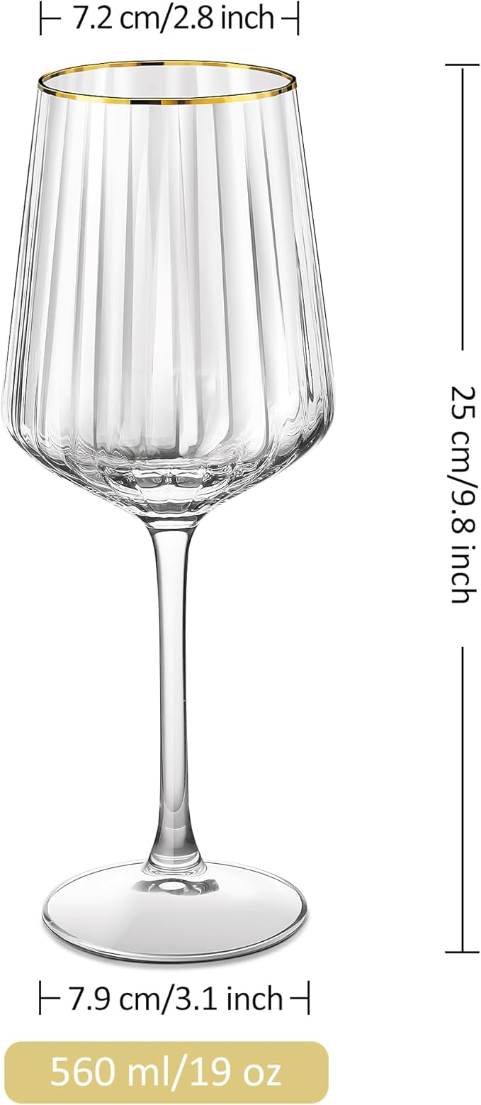 Joeyan Hand-Blown Crystal Wine Glasses for White and Red,Gold Rimmed Striped Drinking Glasses,Stemmed Wine Glass Tumbler Cup,Gifts for Wine Tasting Birthday Anniversary Wedding,19 oz,Set of 2