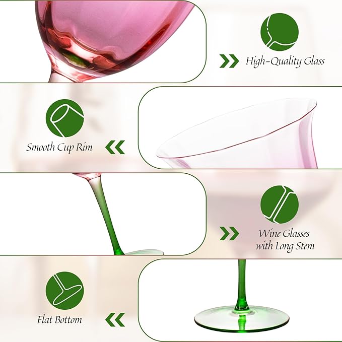 KAMMAK Wine Glasses Set of 2, 9.47 oz Hand Blown Crystal Bordeaux Wine Glasses, Thin Rim & Long Stem, Perfect for Red & White, Daily Use, Wedding or Birthday Gift with Gift Box, Pink-Green Flowers