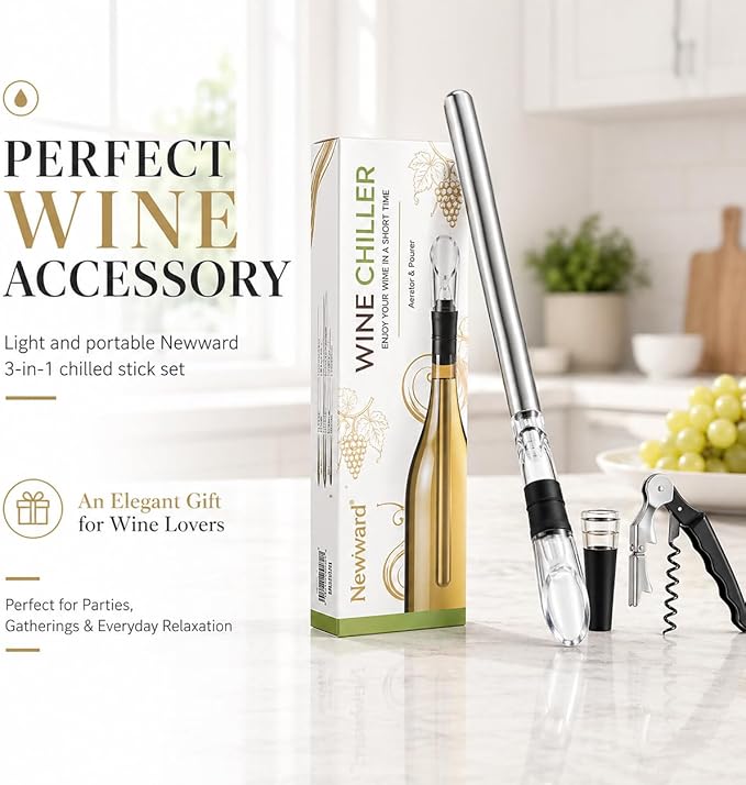 Iceless Wine Chiller, 3-in-1 Stainless Steel Wine Bottle Cooler Stick with Aerator and Pourer - Includes a Waiter's Corkscrew and Stopper
