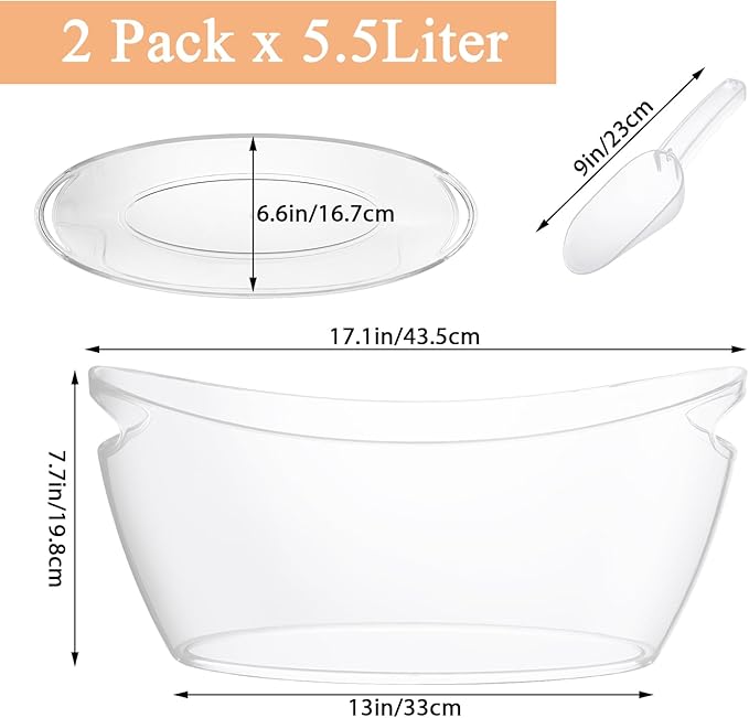 MIVIDE 2 Pack Ice Buckets for Parties, 5.5 L Clear Wine Ice Bucket with 2 PCS Scoops, Champagne Buckets, Ice Bucket for Drinks, Beverage Tub, Drinks, Cocktail Bar, Mimosa Bar Supplies