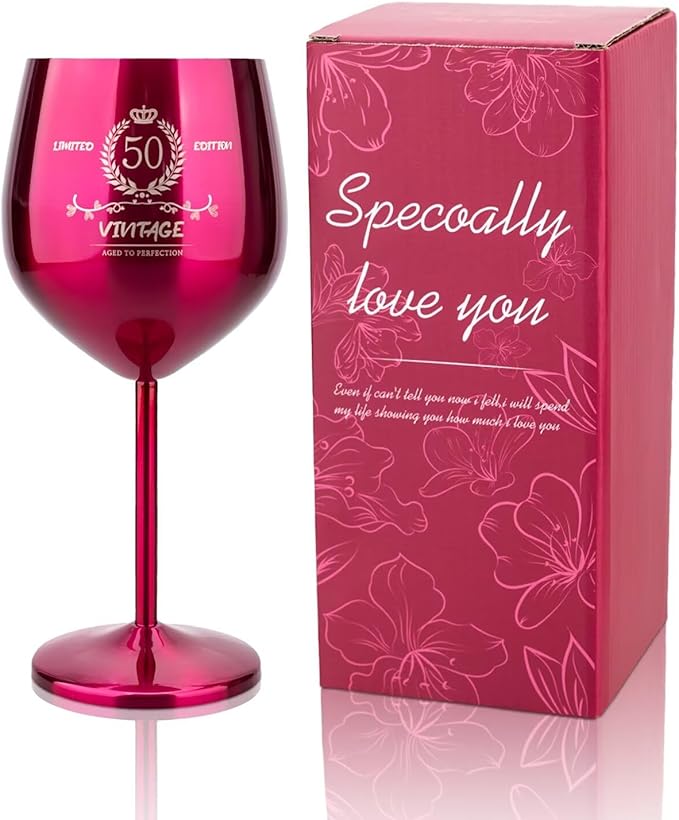 50th Birthday Gifts Wine Glass for Her Women, Stainless Steel Metal Unbreakable Decoration Glasses Rose Red Cup 17oz with Vintage Print-Unique 50 Year Old Present for Mom Wife Sister Friend