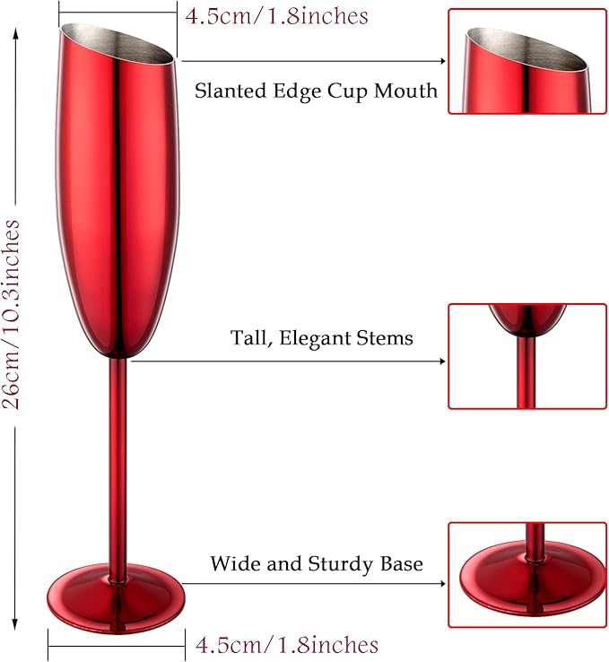 Champagne Flutes Set of 4, Premiumty Stainless Steel High Footed Champagne Glasses, 7oz Capacity,Unbreakable Slanted Champagne Glasses