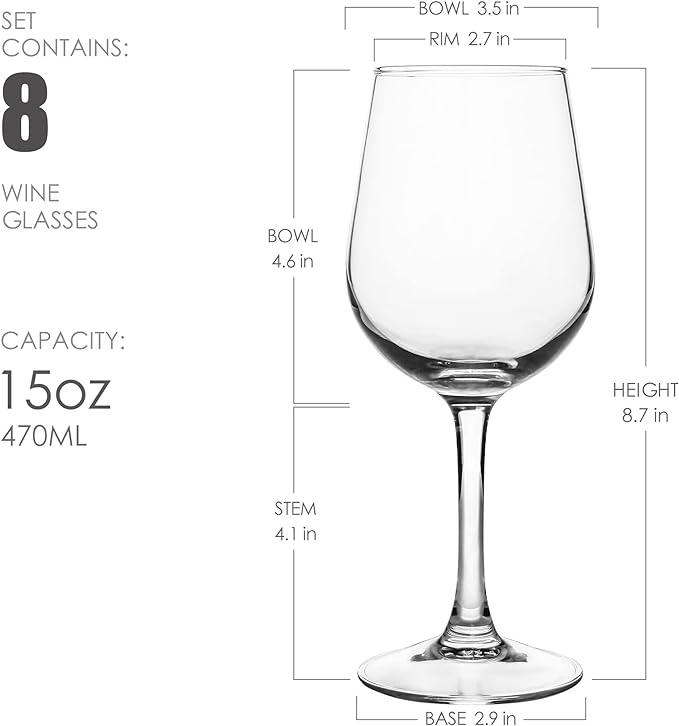 FAWLES Fully Tempered Wine Glasses, Shock Resistant Wine Glass Set for Red or White Wine, Dishwasher Safe Stem Glasses for Restaurants, Bars, Home (Set of 8, 15.5 oz)