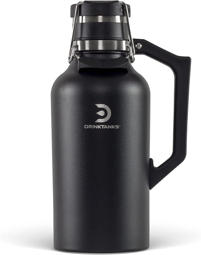 DrinkTanks Craft Growler – 64 oz Vacuum Insulated Stainless Steel Beer Growler with Handle, Leakproof Thermal Beverage Tumbler for Beer, Wine, Coffee, Soda, Kombucha – Reusable & BPA-Free – Obsidian