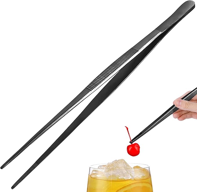 Tongs Tweezers - 12 Inch / 30cm Long Food Tongs Straight Serrated Forceps Cocktail Tweezers Bar tool, ITTZ0001 (Gunmetal Black)
