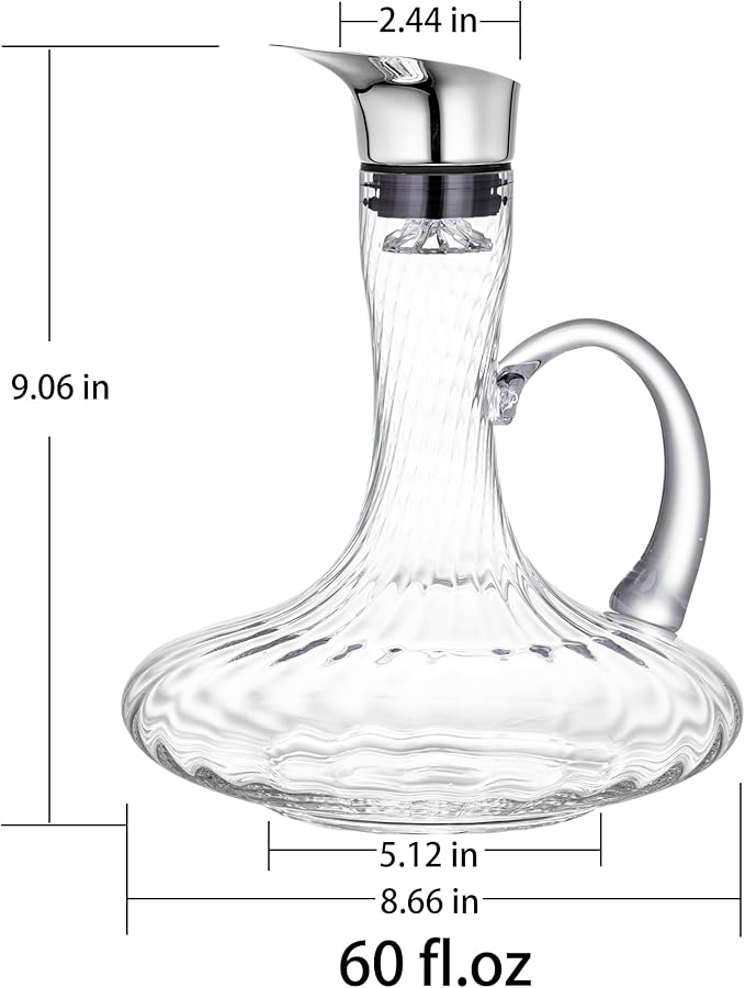 Hand Blown Wine Decanter, 60oz Large Red Wine Decanter With Aerator, Lead-free Striped Glass Carafe, Cute Wine Accessories Set With Handle And Lid Filter, Unique Gifts For Wine Lovers