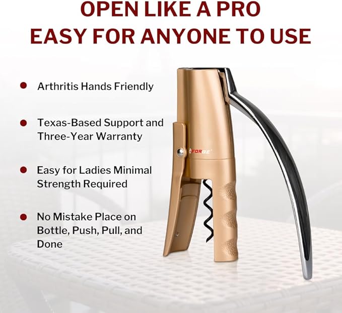 Forge Quality Compact Vertical Lever Corkscrew Wine Opener with Foil Cutter. 3 Seconds to Open a Bottle of Wine. Champagne Gold.