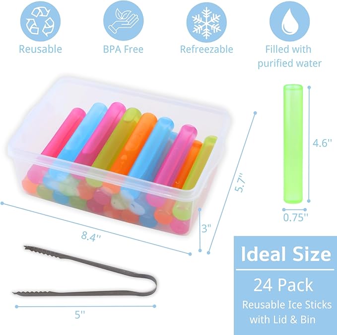 24 Pack Reusable Ice Cube with Lid and Bin, Plastic Ice Cubes for Drinks BPA Free, Washable Freezable Ice Sticks for Water Bottles, Whiskey, Vodka, Coffee, Beer, Wine