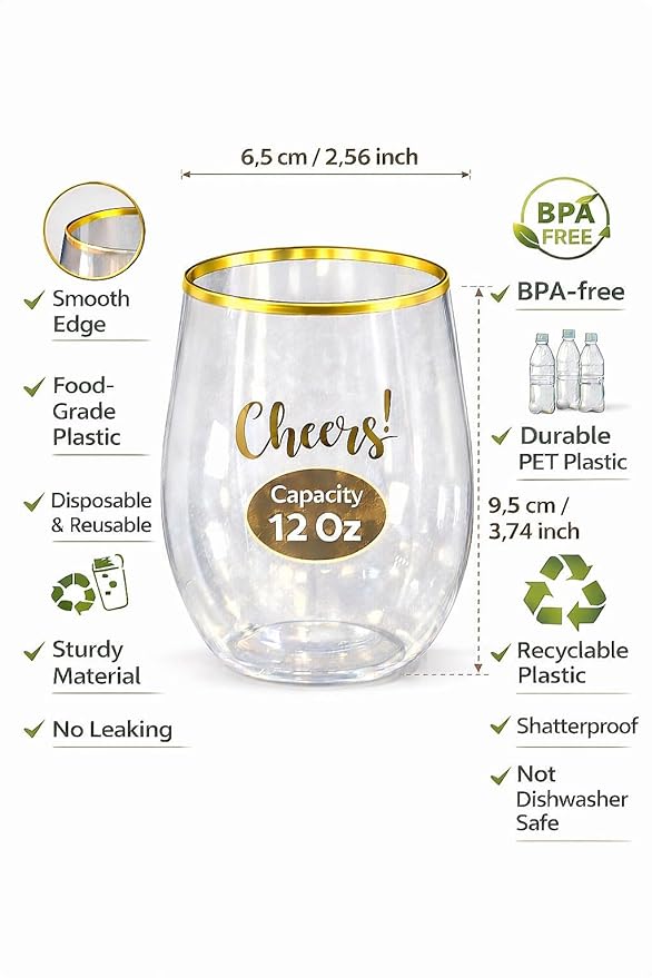 Plastic Wine Glasses Stemless Disposable 12 oz with Gold Rim - 30 Guests Party Drinkware Set, 30 Plastic Cups, 30 Napkins & 50 Cocktail Picks - BPA-Free, Shatterproof, Reusable, Recyclable