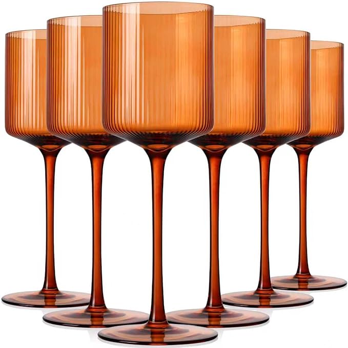 Halloween Decorations Maple Colored Square Wine Glasses Set of 6-11.5oz, Elegant Ribbed Design Amber Crystal Glassware with Long Stem, Hand Blown Stemware For Halloween, Thanksgiving
