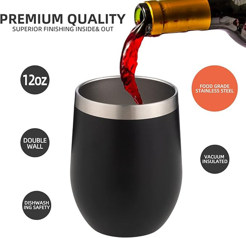12 oz Insulated Wine Tumbler with Lid and Straw,Stainless Steel Stemless Wine Tumbler Glasses Double Wall Vacuum Wine Cups Tumbler Bulk for Coffee,Cocktail,Office(Black,8)