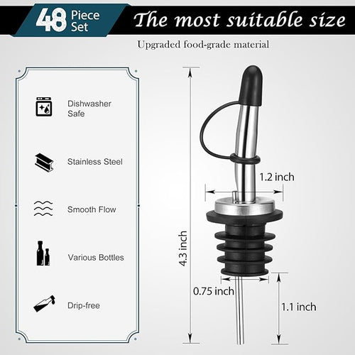 AOZITA 48 Pack Liquor Pour Spout, Stainless Steel Liquor Bottle Pourers with Rubber Dust Caps for Alcohol, Olive Oil, Liquor Pourers with Dust Caps, Speed Pourers, Bar Bartender Accessories