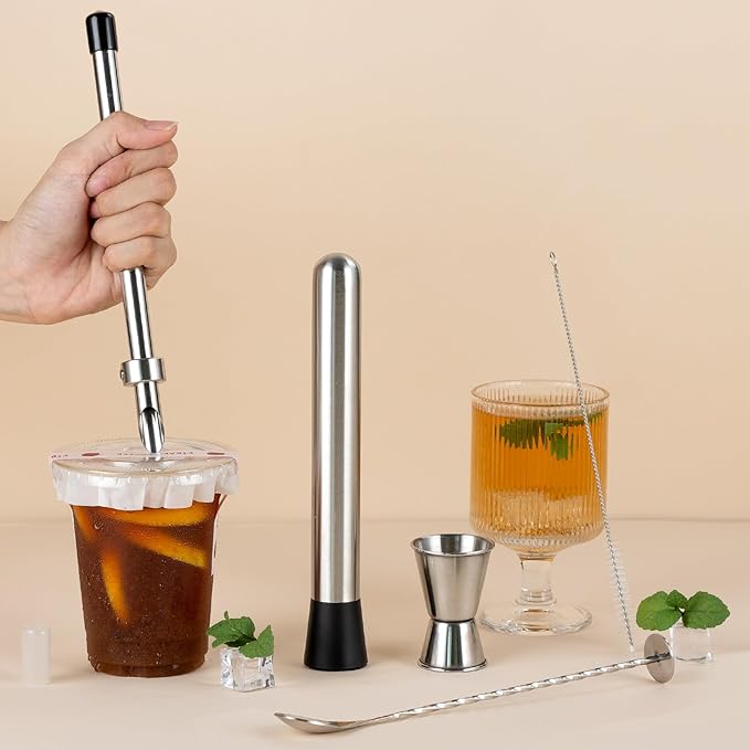 ZPUFAW 5Pcs Set Straw Puncher for Lemonade Plastic Lids Cups with Muddler, Bar Spoon, Jigger, 304 Stainless Steel Straw Hole Puncher
