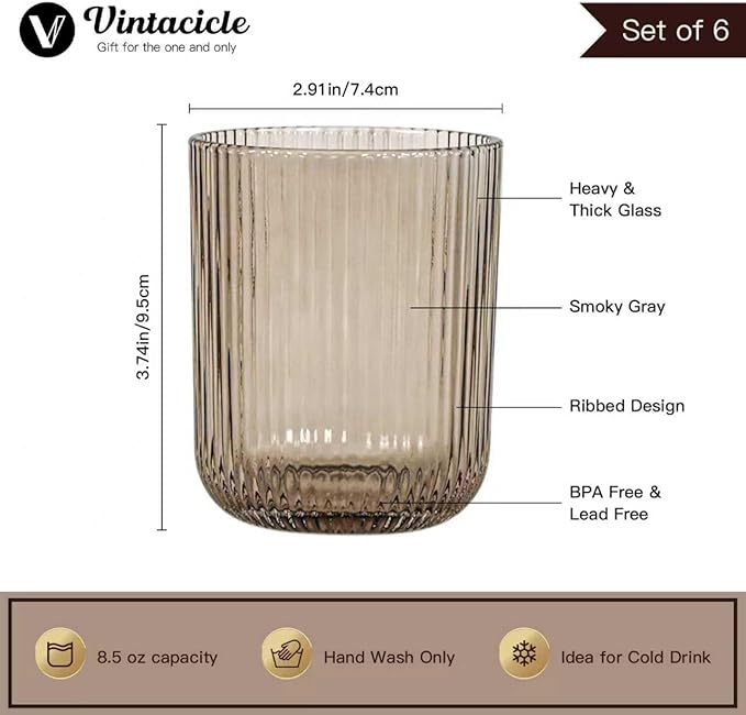 8.5 oz Drinking Glasses, Smoky Gray Highball Glasses Set of 6, Ribbed Glassware Glass Cups, Water Glasses for Juice, Iced Coffee Cups, Cocktail Glasses