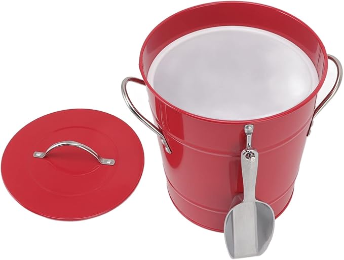 Round Ice Bucket with Ice Shovel, Bar Ice Tub Beer Chiller Bin, Double Wall Galvanized Sheet and Plastic Wine Storage Tub with Handle and Lid for Home Bar Party Use (Red)