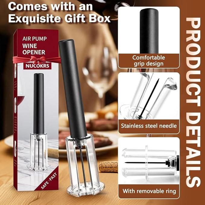 Wine Opener and Foil Cutter 2-Piece Set, NUCOKRS Effortlessly Air Pressure Corkscrew, Opens Bottles in 3-7 Pumps, No Electricity, Easy to Use, Gift for Wine Lovers