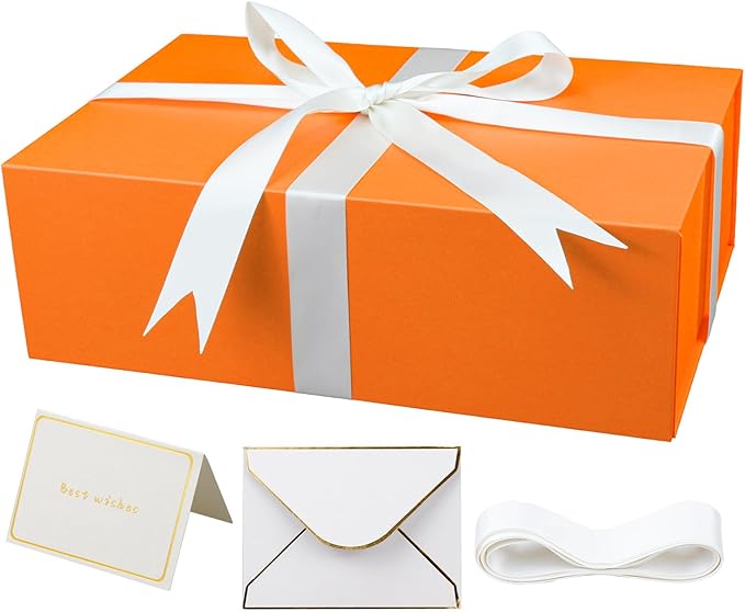 YINUOYOUJIA Large Orange Gift Box with Lid,14"x9"x4.5" Magnetic Gift Boxes with Ribbon,Cards and Envelopes for Presents,Great for Wedding,Birthdays,Crafting,Gift Packaging.