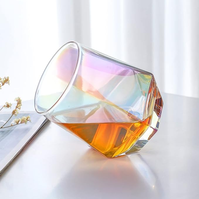 Wine Glasses Set of 2, Diamond Stemless Wine Glasses - Iridescent Glassware