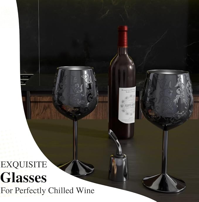 Mother’s Day Gift for Mom – Set of 2 glossy black Stainless Steel Wine Glasses, 17oz Engraved Goblets with Bottle Stopper, Unbreakable Elegant Wine Cups, Gift for Women, Wife, Mom, Sister